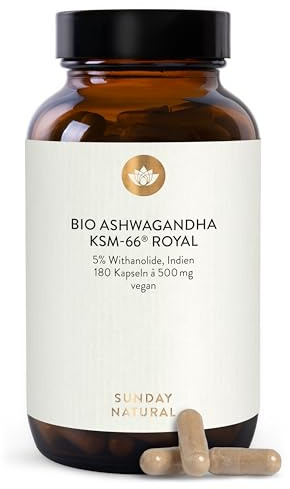 SUNDAY NATURAL® Bio Ashwagandha Kapseln - Premiumrohstoff KSM-66® – 180 Kapseln - 1.000mg Wurzelextrakt mit 50mg Withanoliden (5%) pro Tagesdosis – Ashwaganda aus Indien
