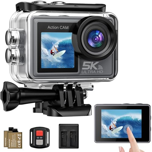 Ruycllo Caméra Sport 5K/4K, 50MP Caméra d'action avec 64GB Carte, 30M/98FT Camera Étanche- Stabilisation EIS, Grand Angle 170°, WiFi Camera Casque Moto, Appareil Photo Étanche pour Plongée, Vlog, Vélo