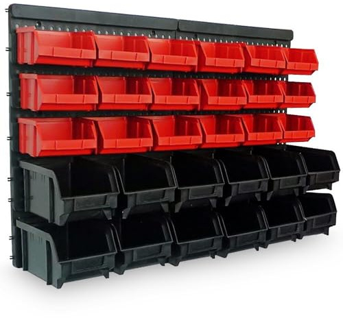 ORDER Werkstatt Lot de 30 boîtes empilables en rouge/noir, organiseur suspendu avec boîtes de tri, 64 x 2 x 38 cm, montage possible