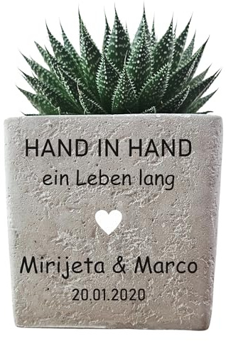 mamir home Personalisiertes Hochzeit Geschenk für Brautpaar – Großer Blumentopf aus Beton | Geldgeschenk Hochzeit Hand in Hand (Hand IN Hand EIN Leben LANG, 13 x 13 x13 cm)