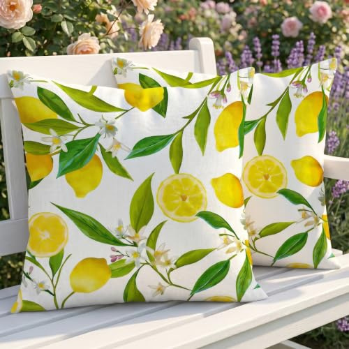Luzzxfa 2er Set Outdoor Kissen Wetterfest Kissenbezug 45x45 cm Zitrone Dekokissen Sommer Kissenhülle Gelb Kissen Sommer Sofakissen für Wohnzimmer Sofa Garten Balkon Camping