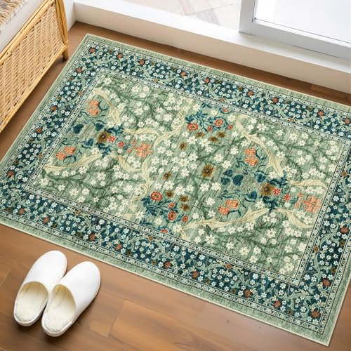 Floral Entryway Rug 60x100cm Spring Green Washable Front Door Entry Throw