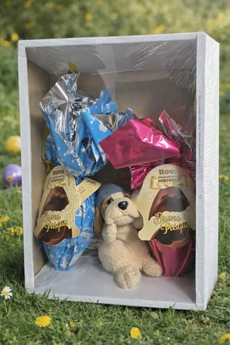 Confezione Regalo Pasqua con 2 Uova di Cioccolato al Latte da 150 g con Sorpresa e Pupazzo Morbido Assortito, Scatola Regalo Pasquale per Bambini, Idea Regalo Pasqua con Uova e Peluche