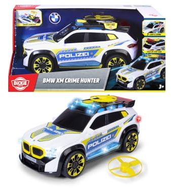 Dickie Toys – BMW XM Crime Hunter (30 cm), polisbil för barn från 3 år, drönare avfyrare med 2 leksaksdrönare, ljus och ljud, stoppskylt, frihjul, polis SUV leksak