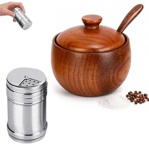 DXPETA Salt Cellar with Lid and Spoon, Wooden Salt Pot for Kitchen Organisation, Vintage Style Salt Container for Seasonings Storage, Compact Design 9x6 cm and 8x3.8 cm