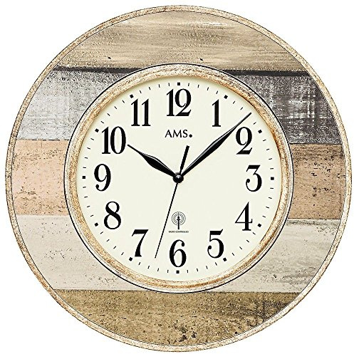 AMS 5975 Wand Funkuhr Rund Vintage Antik Landhaus Stil Kunststoffgehäuse in Holz Dekor-Optik