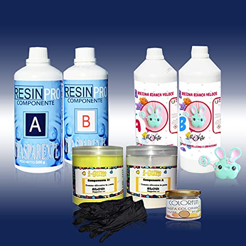 Resin Pro Starter Kit con Resina Epossidica da 800g, Resina Poliuretanica da 1000 g, Gomma Siliconica in Pasta da 500 g, Pasta Colorante Beige, Stampo e Guanti in Regalo