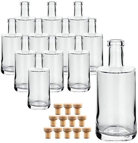 gouveo 12er Set Glasflaschen 250 ml Prim mit Holzgriffkorken - Kleine Flaschen 0,25 l aus hochwertigem Glas mit Korken - Glasflasche mit Korkverschluss zum Befüllen mit Likör, Schnaps, Öl