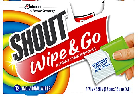Shout Wipes, Wipe and Go Détachant instantané, détachant et détachant pour le linge en déplacement, 12 lingettes par carton – Lot de 6 cartons (72 lingettes au total)
