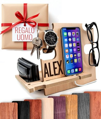 Docking station per telefono in legno personalizzato, regalo per uomo, portafoglio e portachiavi, organizer per comodino, regalo per papà