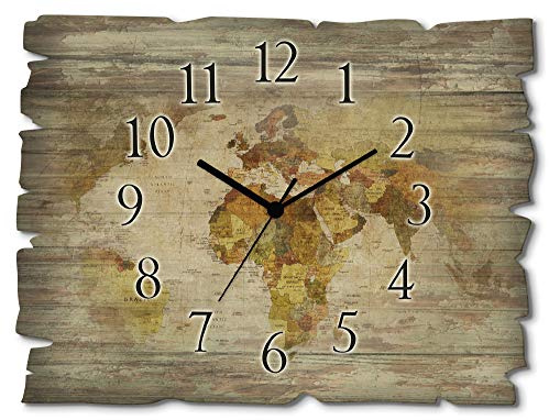 ARTLAND Wanddeko Wanduhr ohne Tickgeräusche aus Holz Quarzuhr 40x30 cm Rechteckig Lautlos Weltkarte Kontinente Länder Retro Vintage Originell T9NI