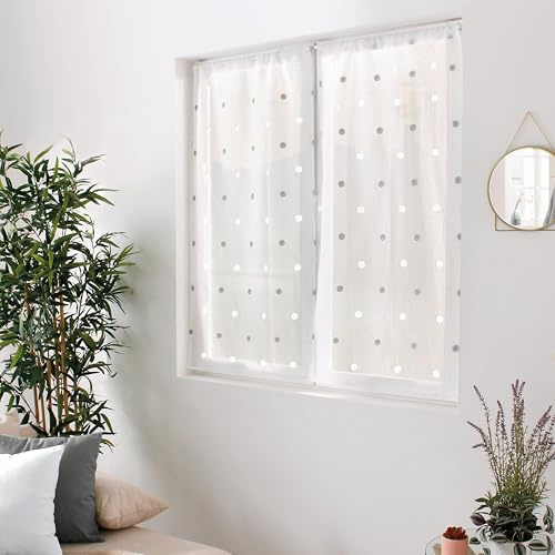 ED ENJOY HOME Paire de Vitrage Passe Tringle, Blanc, 60x160cm, Motif Argent Rond Brodé, 100% Polyester, Collection Smarties