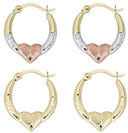 AVORA 10K Gold Heart Creole Hoop Earrings : 3-Tone and Yellow Gold Bundle