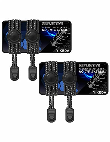 YIKEDA Elastic Laces 2 Pairs of Reflective Elastic Shoelaces for Adults/Kids No Tie Elastic Lock Shoe laces Suitable for Sneakers Hiking Shoes Board Shoes Casual Shoes Boots (Black)