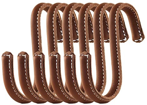 Brute Strength - Ganchos en forma de S envueltos en cuero de grano completo - 6 piezas - Coñac - Ganchos de metal de 10 cm de acero inoxidable para colgar en la cocina, el taller, el baño