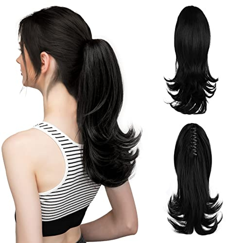 CJL HAIR 35 cm lockig hästsvans, förlängningsklämma i ponnysvans, högvärmebeständiga hårdelar i syntetisk fiber för kvinnor flickor (korpsvart)