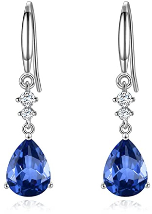 Sterling Silver Dangle Earrings for Women, Hypoallergenic Blue Cubic Zirconia Teardrop Dangle Drop CZ Earring Jewellery Gifts for Girls, Silver