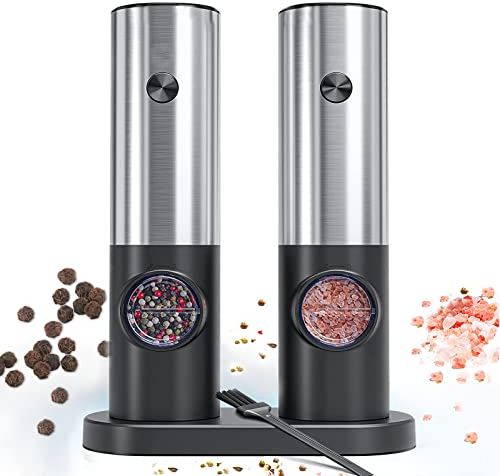 RIGHTWELL - Juego de molinillos eléctricos de sal y pimienta, 2 unidades, molinillo de pimienta ajustable con base de almacenamiento y luz LED, molinillo automático de sal de núcleo de cerámica para