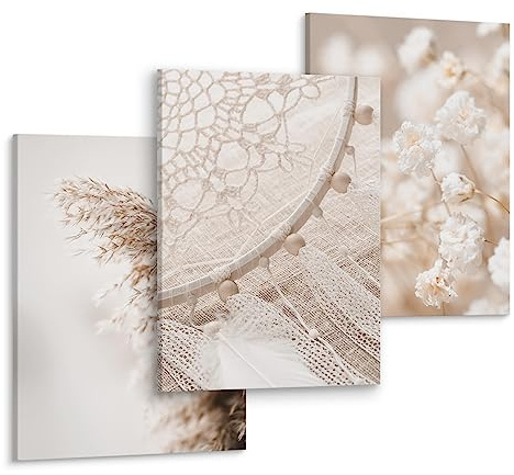 Muralo Wandbilder 3er-Set, Boho, Weiß Beige, Kunstdruck - 30x40 cm | Leinwandbild, Modernes Design, Aufhängefertig, UV-beständig - ideal für Wohnzimmer, Ein echter Hingucker in jedem Zuhause