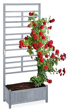 Relaxdays Pflanzkasten mit Spalierwand, HBT 171 x 71,5 x 32cm, Sichtschutz mit Blumenkasten, Balkon & Garten, Holz, grau
