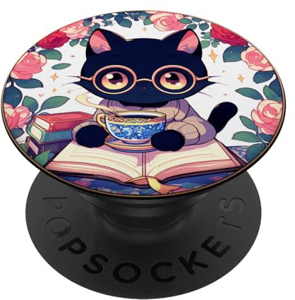 Niedliche schwarze Katze mit rosa Blumen und Blumenmuster PopSockets mit austauschbarem PopGrip