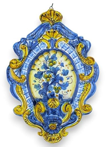 SICILIA BEDDA CAPACI Bénitier sicilien en céramique - h 30 cm x L 20 cm Environ. Décor XVIIème et Floral sur Fond Bleu MD5