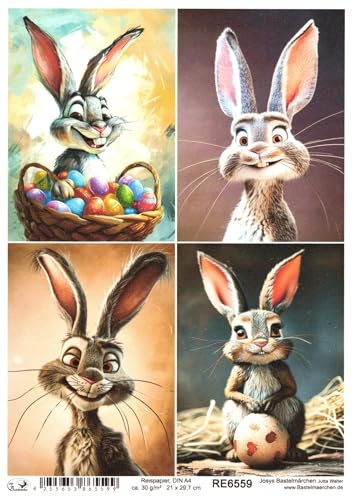 Josys Bastelmärchen Reispapier A4 Strohseide Decoupage Ostern lustige Hasen für Kinder Comic RE6559