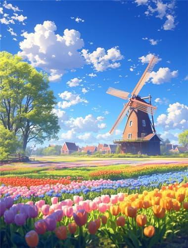 Windmühle Diamond Painting, 5D Landschaft Diamond Painting Erwachsene, DIY Diamant Painting Bilder mit Full Diamond Painting Zubehör Set für Zimmer Deko Wohnzimmer, Geschenke für Frauen 30x40cm