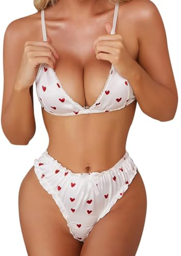 MIZSPISE Completo Intimo in Raso Lingerie Donna Carina Forma di Cuore Reggiseno e Perizoma Intimo Completi Scollo a V Pigiama 2 Pezzi Babydoll Spalline Regolabili per Tempo Libero S-XL
