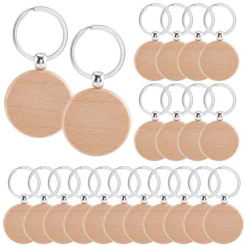 SOFPLATE 50 porte Clés en Bois Vierge en Vrac Porte Clés en Bois Brut Gravé avec Porte Clés Fendu Porte Clés Ronds et Plats en Bois Étiquettes pour Bricolage Pendentifs de Noël Décorations de Sacs Cad