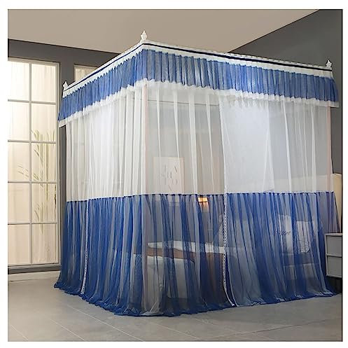 Prinzessinnen-Betthimmel für Mädchen, Moskitonetz, Bettvorhanghalterungen mit Vorhang, 4 Ecken, Himmelbett, Pfostenstangen aus Aluminiumlegierung, Blau, Voll