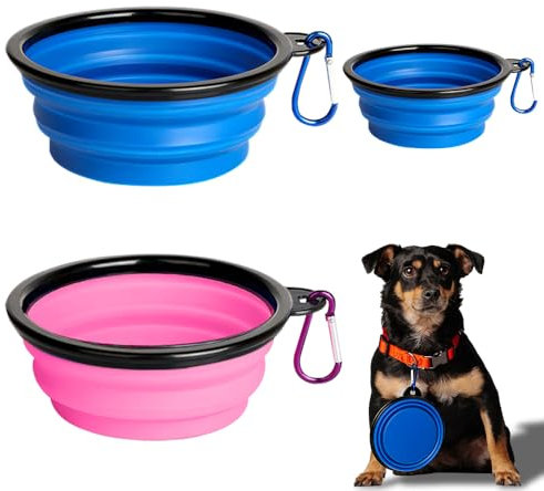 BNGXR 3 Piezas Cuencos Plegables para Perros, Plato Plegable Perro Silicona, Comedero Portatil Perro, con Mosquetón, Adecuado para Viajar y Caminar, Comedero para Mascotas, Cuenco de Agua