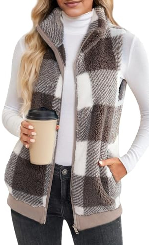 FEOYA Gilet Polaire à Carreaux pour Femmes Automne Hiver Gilet Chaud sans Manches Vestes Zippées à col Montant Gilet doux avec Poches Kaki 3XL