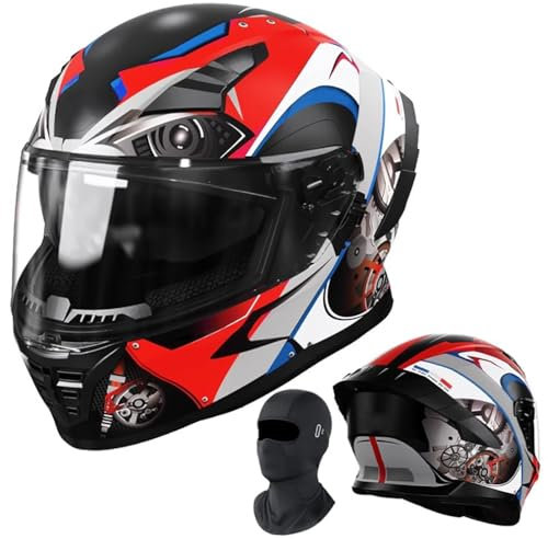 Doppellinse Integralhelm Fullface Helm Mit Gesichtsschutz ECE Zertifiziert Vollvisierhelm Herausnehmbares Waschbares Innenfutter Schnellverschluss-Schnalle M-XL 57-62CM