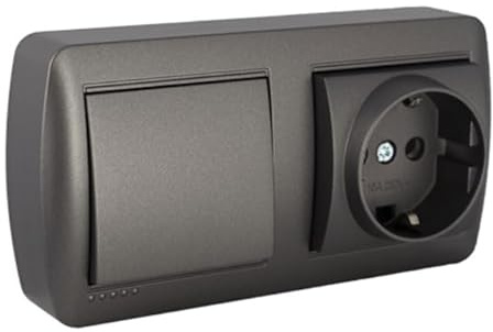 Base Schuko con conmutador ancho grafito, ideal para instalaciones eléctricas y control de iluminación en espacios residenciales.