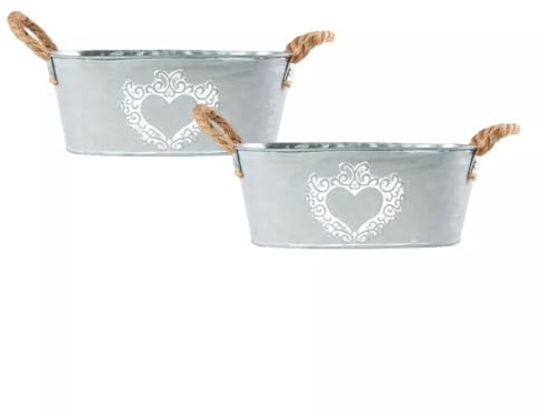 Fyne-Finds Zinc Tin Silver Trough Oval Plant Pot 30cm, 12inch Heart Print Planter With Rope Handles Indoor Outdoor Balcony Patio Weatherproof Pot (2)