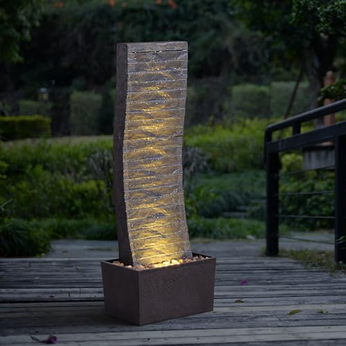 MSEONWXI Curved Outdoor Waterfall Fountain, 36.2 Elegant Outdoor Water Fountain with LED Lights for Patio, Garden, Backyard, Modern Large Relaxing Water Feature (24382)