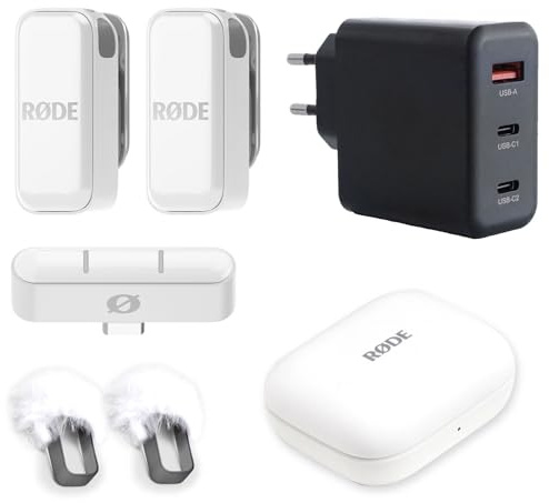 Rode Système de microphone sans fil Micro sans fil USB-C blanc avec bloc d'alimentation Keepdrum