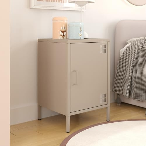 furni24 Metall Nachtschrank – Retro Kommode aus Metall – Modernes Sideboard mit praktischer Aufbewahrung – Leicht zu reinigen – Robuste und stilvolle Lösung für Wohnzimmer und Schlafzimmer, Beige