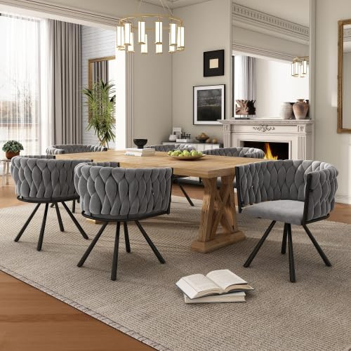 ModernLuxe Samt-Esszimmerstuhl 6er Set, Luxus-Drehstuhl mit 360°-Funktion, moderner Sessel für Wohnzimmer und Schlafzimmer, Freizeit-Drehstuhl mit stabilem Metallrahmen, ergonomisches Design grau