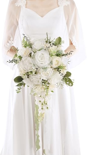 Floinla 12 Inch Cascade Wedding Bouquets for Bride, Ivory & Champagne Cascading Bridal Bouquet for Wedding Silk Artificial Flowers
