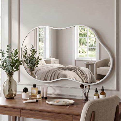 Fahomiss Wandspiegel Metallrahmen Unregelmäßig, Moderner Design Spiegel, Dekospiegel für Wohnzimmer, Flur, Schlafzimmer (Silber, 115L x 65B cm)