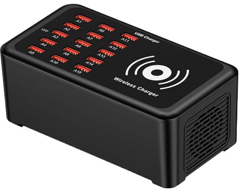 Stazione di ricarica USB multipla, hub di ricarica per laptop, stazione di ricarica wireless da 100 W intelligente portatile a 15 porte per casa, laptop, telefono, orologio, tablet