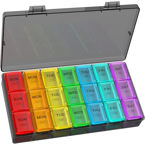 Yaklim Weekly Pill Box 7 Day 3 Times a Day, Large Daily Tablet Organiser Morning Noon Evening, Portable Travel Medication Dispenser BPA-Free, Light-Proof Vitamin Holder for Supplements