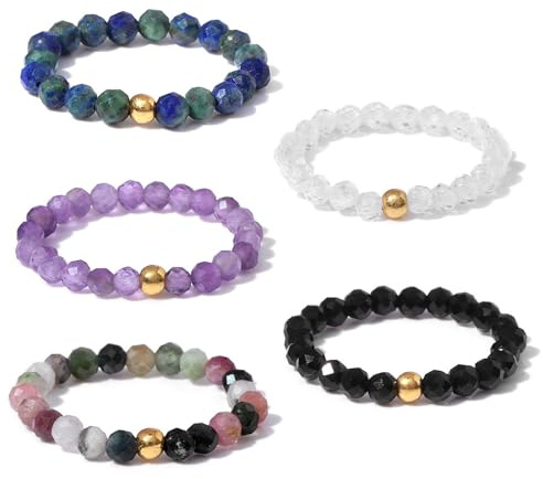 XFSRG 5 Pièces Bague Femme Perles en Cristal Naturel Bagues Élégant et Raffiné pour les Rendez Vous Soirées et Vacances à la Plage