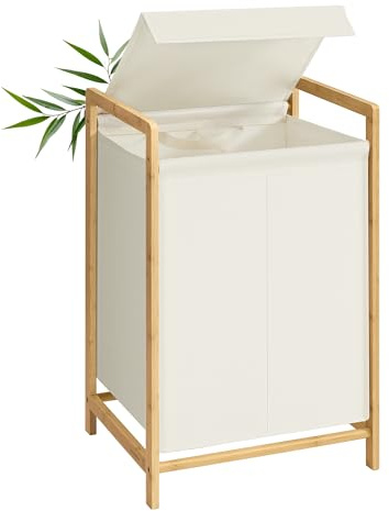 SONGMICS Panier à Linge 2 Compartiments, Corbeille à Linge Sale, Structure en Bambou, Couvercle Renforcé et Amovible, Sac Amovible, 100 L, Blanc Crème RLH102WD01