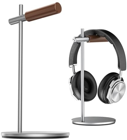 QzheMuw Oak Headphone Stand, Wood Headset Stand for Desk, Universal Holder for Airpods max, Bose, Beats, Gaming, Apple Vision Pro, VR Display Stand (Silver)