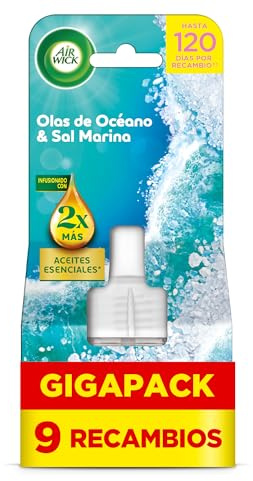Air Wick Eléctrico Recambio de Ambientador Eléctrico, Esencia para Casa con Aroma a Olas de Océano y Sal Marina - 9 unidades