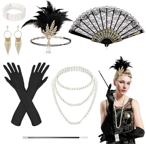 Wangtusry 20er Jahre Kostüm Damen, 9 Stück 20er Jahre Accessoires, Gatsby Accessoires Damen mit Kopfbedeckung, Langen Schwarzen Handschuhen, Perlenkette, Ohrringen