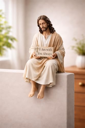 Adftccp Jesus Figur Aus Harz Mit Schild Ich Bin Immer Bei Dir, Handgemachte Sitzende Jesus Statue Für Schreibtisch Gebetsecke Zuhause Büro Und Auto Armaturenbrett Geschenk (Beige)